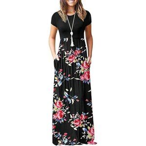 Women's Summer Black Floral Short Sleeve Loose‎ Plain Casual Long Maxi Dresses